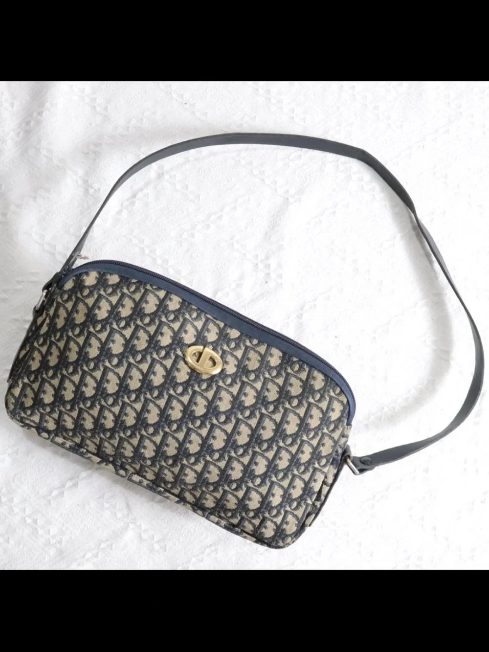 Dior Navy and Beige Monogram Shoulder Bag with Gold Accent